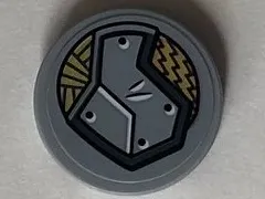 Tile, Round 2 x 2 with Bottom Stud Holder with Light Bluish Gray Panel on Gold Decorative Background Pattern Model Right Side (Sticker) - Set 76099