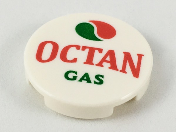 Tile, Round 2 x 2 with Bottom Stud Holder with Octan Logo and 'OCTAN GAS' Pattern