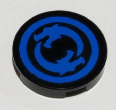 Tile, Round 2 x 2 with Bottom Stud Holder with Solid Blue Circle Border with Circling Dragons Pattern