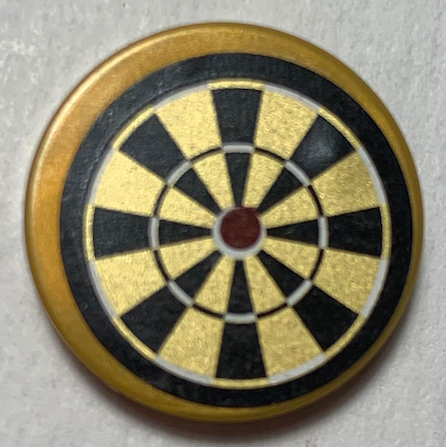 Tile, Round 2 x 2 with Bottom Stud Holder with Pearl Gold and Black Dart Board Pattern (Sticker) - Set 70812