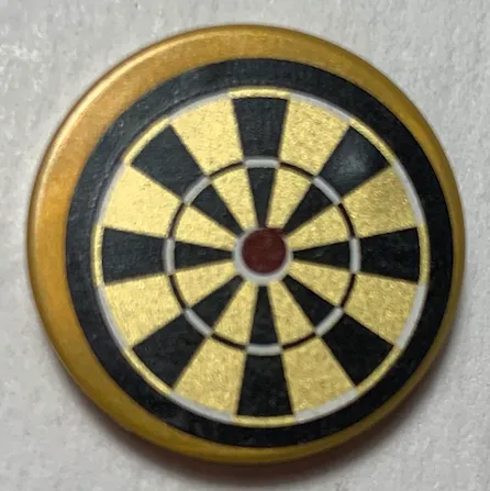 Tile, Round 2 x 2 with Bottom Stud Holder with Pearl Gold and Black Dart Board Pattern (Sticker) - Set 70812