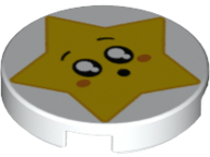 Tile, Round 2 x 2 with Bottom Stud Holder with Star Face, Round Mouth, Black Eyes with White Pupils, Raised Eyebrows, Orange Cheeks Pattern