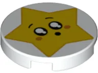 Tile, Round 2 x 2 with Bottom Stud Holder with Star Face, Round Mouth, Black Eyes with White Pupils, Raised Eyebrows, Orange Cheeks Pattern