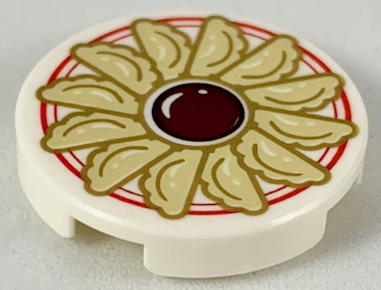 Tile, Round 2 x 2 with Bottom Stud Holder with Jiaozi and Sauce on Plate with Red Border Pattern