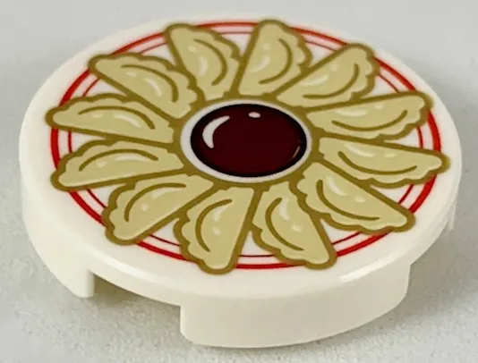 Tile, Round 2 x 2 with Bottom Stud Holder with Jiaozi and Sauce on Plate with Red Border Pattern