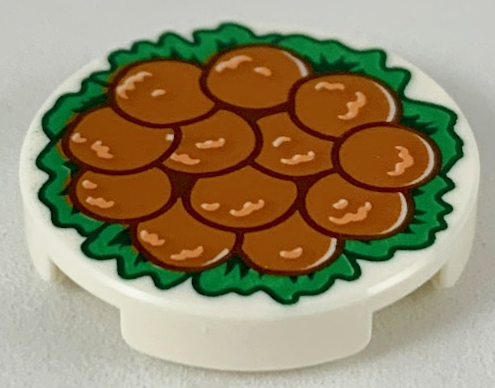 Tile, Round 2 x 2 with Bottom Stud Holder with 12 Chinese Lion's Head Meatballs on Green Garnish Pattern