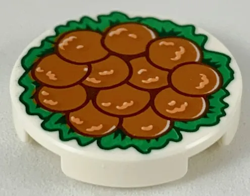Tile, Round 2 x 2 with Bottom Stud Holder with 12 Chinese Lion's Head Meatballs on Green Garnish Pattern