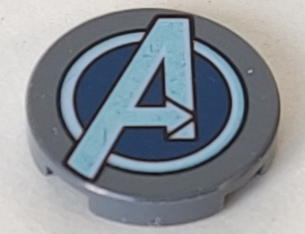 Tile, Round 2 x 2 with Bottom Stud Holder with Dark Blue and Metallic Light Blue Avengers Logo Pattern