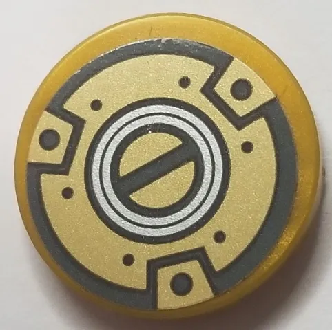 Tile, Round 2 x 2 with Bottom Stud Holder with Dark Bluish Gray and Gold Canister Lid with Silver Circles Pattern (Sticker) - Set 70642