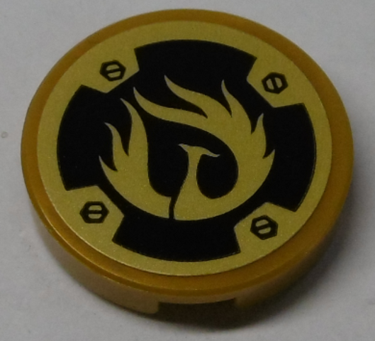 Tile, Round 2 x 2 with Bottom Stud Holder with Gold Phoenix Pattern (Sticker) - Set 70665