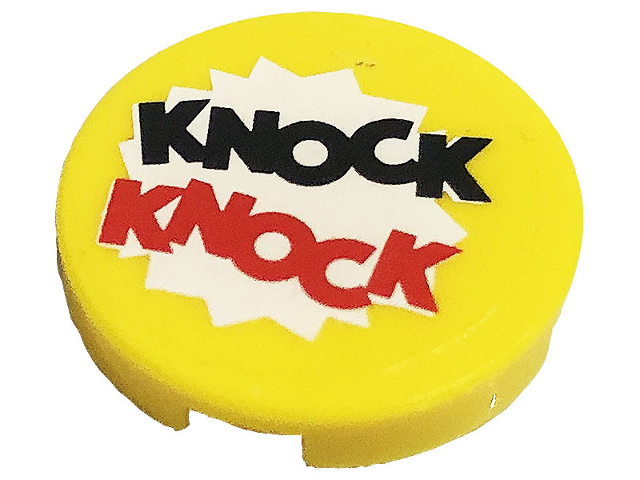 Tile, Round 2 x 2 with Bottom Stud Holder with Black and Red 'KNOCK KNOCK' Pattern (Sticker) - Set 41231