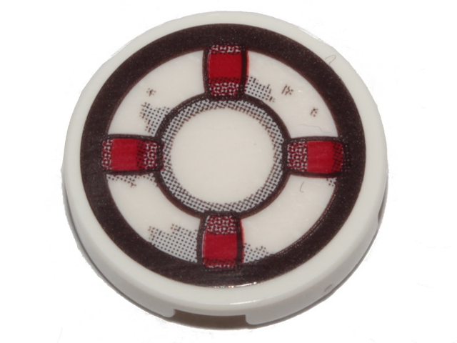 Tile, Round 2 x 2 with Bottom Stud Holder with Dark Red and White Life Preserver, Gray Stains Pattern (Sticker) - Set 70419