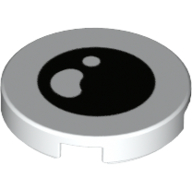 Tile, Round 2 x 2 with Bottom Stud Holder with Black Eye with White Kidney Shaped Pupil and Small White Circle Pattern