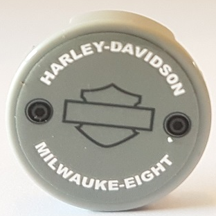 Tile, Round 2 x 2 with Bottom Stud Holder with Silver 'HARLEY-DAVIDSON' and 'MILWAUKE-EIGHT' Pattern (Sticker) - Set 10269