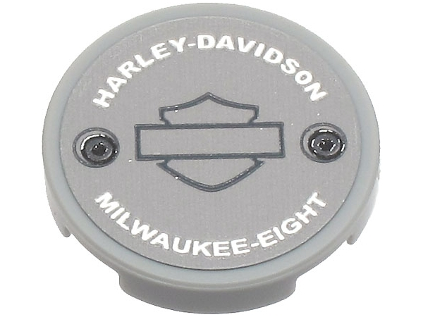 Tile, Round 2 x 2 with Bottom Stud Holder with Silver 'HARLEY-DAVIDSON' and 'MILWAUKEE-EIGHT' Pattern (Sticker) - Set 10269