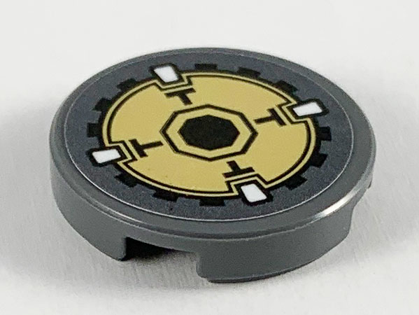 Tile, Round 2 x 2 with Bottom Stud Holder with Gold Gear with Black Octagon Pattern (Sticker) - Set 77102