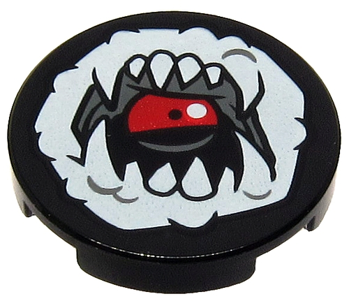 Tile, Round 2 x 2 with Bottom Stud Holder with White Open Mouth, Fangs and Tongue Pattern