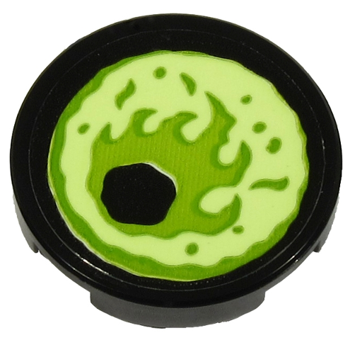 Tile, Round 2 x 2 with Bottom Stud Holder with Yellowish Green Eye on Black Background Pattern Model Left Side (Sticker) - Set 70432