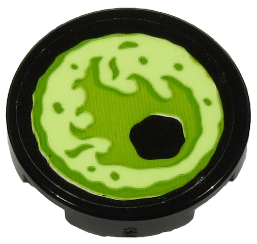 Tile, Round 2 x 2 with Bottom Stud Holder with Yellowish Green Eye on Black Background Pattern Model Right Side (Sticker) - Set 70432