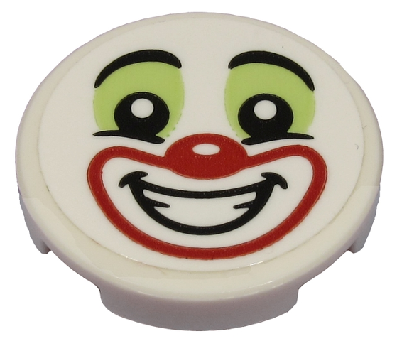 Tile, Round 2 x 2 with Bottom Stud Holder with Clown Face with Yellowish Green Eye Shadow and Red Nose and Mouth Pattern (Sticker) - Set 70432