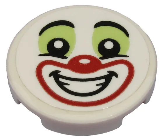 Tile, Round 2 x 2 with Bottom Stud Holder with Clown Face with Yellowish Green Eye Shadow and Red Nose and Mouth Pattern (Sticker) - Set 70432