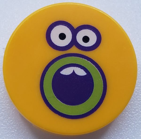 Tile, Round 2 x 2 with Bottom Stud Holder with Sunflower Face, Dark Purple and Lime Outlined Open Mouth and Eyes Pattern