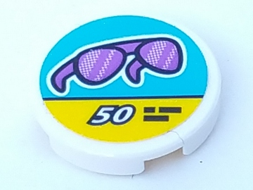 Tile, Round 2 x 2 with Bottom Stud Holder with Trans-Purple Sunglasses and '50' on Medium Azure and Yellow Sign Pattern (Sticker) - Set 41315