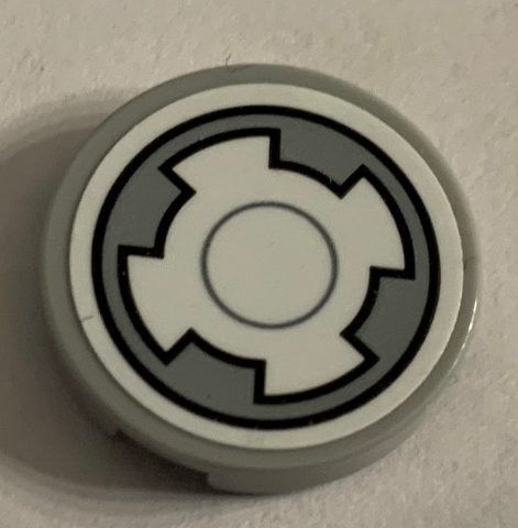 Tile, Round 2 x 2 with Bottom Stud Holder with SW Millennium Falcon Dark Bluish Gray and White Circles and Cross Pattern (Sticker) - Set 75212