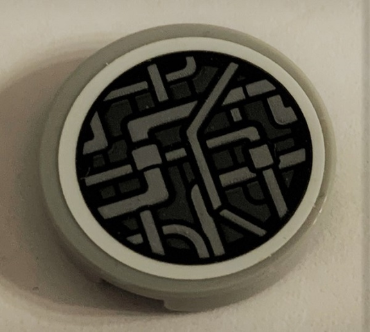 Tile, Round 2 x 2 with Bottom Stud Holder with SW Millennium Falcon Light Bluish Gray Pipes Pattern (Sticker) - Set 75212
