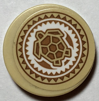 Tile, Round 2 x 2 with Bottom Stud Holder with Medium Nougat, Tan and White Hawaiian Sea Turtle Tribal Pattern (Sticker) - Set 41149