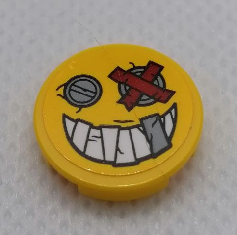 Tile, Round 2 x 2 with Bottom Stud Holder with Smile Face, Metal Plate Eyes, Teeth and Red Bandage Pattern (Sticker) - Set 75977