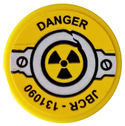 Tile, Round 2 x 2 with Bottom Stud Holder with 'DANGER', 'JBCR - 131090', Rivets and Nuclear Symbol Pattern (Sticker) - Set 76078