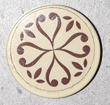Tile, Round 2 x 2 with Bottom Stud Holder with Reddish Brown Elves Scrollwork on Tan Background Pattern (Sticker) - Set 41173