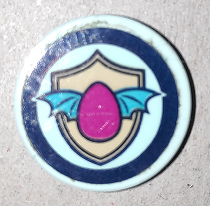Tile, Round 2 x 2 with Bottom Stud Holder with Winged Magenta Egg and Tan Shield on Light Aqua Background with Dark Blue Border Pattern (Sticker) - Set 41173