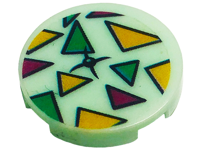 Tile, Round 2 x 2 with Bottom Stud Holder with Cushion with Dark Turquoise, Magenta, and Bright Light Orange Triangles Pattern (Sticker) - Set 41344