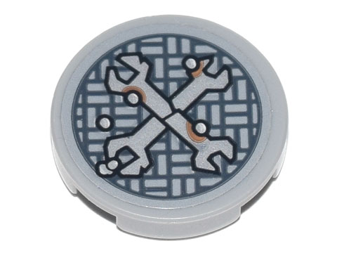 Tile, Round 2 x 2 with Bottom Stud Holder with Silver Crossed Wrenches over Metal Mesh with Rivets Pattern (Sticker) - Set 70840