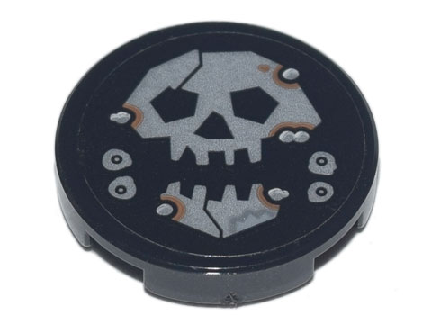 Tile, Round 2 x 2 with Bottom Stud Holder with Silver Skull with Jaw and Metal Rivets with Rust Pattern (Sticker) - Set 70840