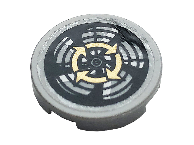 Tile, Round 2 x 2 with Bottom Stud Holder with Four Gold Arrows and Ventilation Fan Pattern (Sticker) - Set 60141