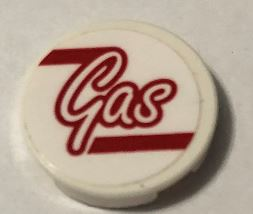Tile, Round 2 x 2 with Bottom Stud Holder with Red  'Gas' Pattern (Sticker) - Set 75889
