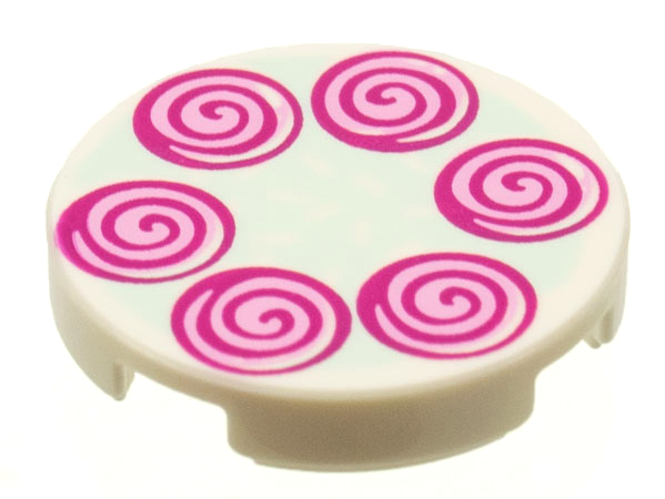 Tile, Round 2 x 2 with Bottom Stud Holder with 6 Magenta Spirals Pattern