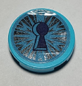 Tile, Round 2 x 2 with Bottom Stud Holder with Dark Blue Keyhole and Metallic Light Blue Ice Crystal Pattern (Sticker) - Set 41168