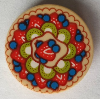 Tile, Round 2 x 2 with Bottom Stud Holder with Strawberry, Kiwi, and Blueberry Fruit Pie / Pavlova Pattern (BAM)
