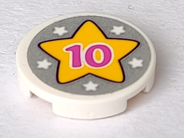 Tile, Round 2 x 2 with Bottom Stud Holder with Pink '10', Yellow Star and Five White Stars on Silver Background Pattern (Sticker) - Set 41300