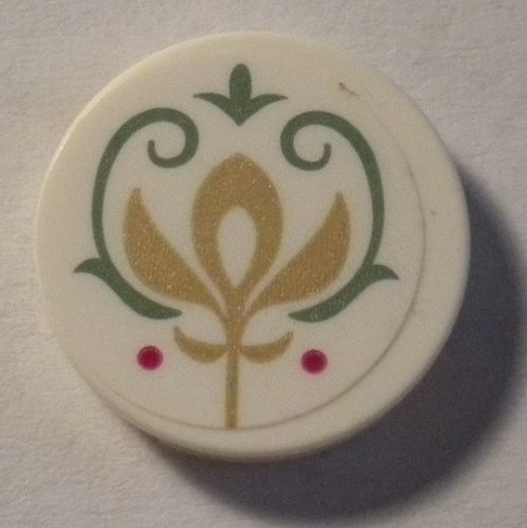 Tile, Round 2 x 2 with Bottom Stud Holder with Gold Crest and Sand Green Scrollwork Pattern (Sticker) - Set 41068