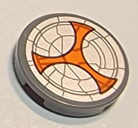 Tile, Round 2 x 2 with Bottom Stud Holder with Light Bluish Gray and Orange Taskmaster Shield Pattern (Sticker) - Set 77905