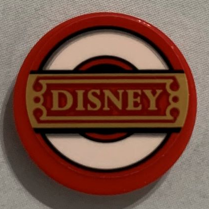 Tile, Round 2 x 2 with Bottom Stud Holder with Gold 'DISNEY' on White Ring Pattern (Sticker) - Set 71044