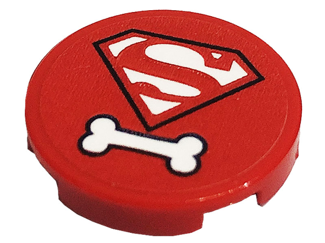 Tile, Round 2 x 2 with Bottom Stud Holder with Superman 'S' Logo and White Dog Bone Pattern (Sticker) - Set 41233
