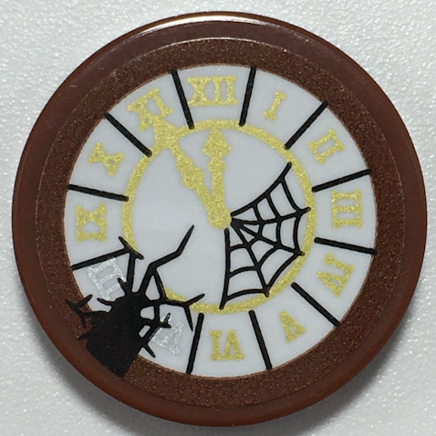 Tile, Round 2 x 2 with Bottom Stud Holder with Clock with White Face, Gold Hands and Roman Numerals, Black Cobweb and Crack Pattern (Sticker) - Set 70430