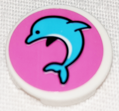 Tile, Round 2 x 2 with Bottom Stud Holder with Medium Azure Jumping Dolphin on Dark Pink Background Pattern Model Left Side (Sticker) - Set 41347