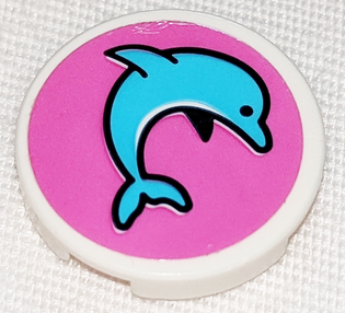 Tile, Round 2 x 2 with Bottom Stud Holder with Medium Azure Jumping Dolphin on Dark Pink Background Pattern Model Right Side (Sticker) - Set 41347